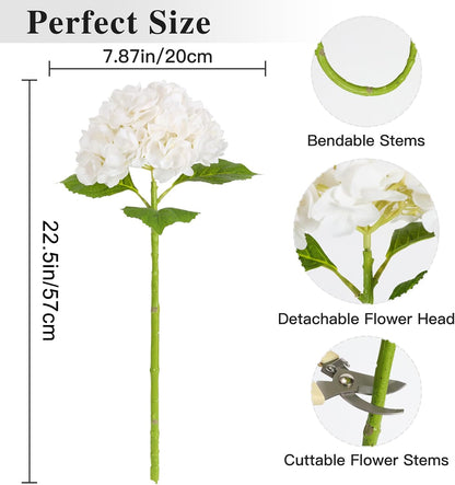 White Hydrangea Artificial Flowers, 22.5In Latex Faux Real Touch Large Hydrangea Flowers with Long Stems & Leaves for Home Office Decor Wedding Party Arrangements(White)