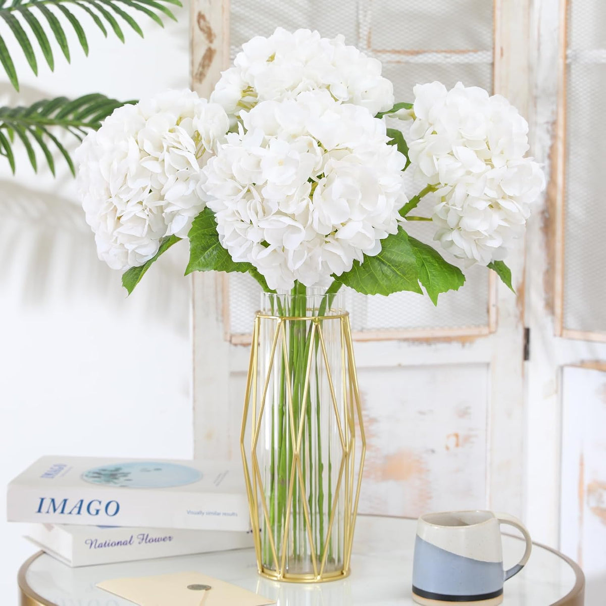 White Hydrangea Artificial Flowers, 22.5In Latex Faux Real Touch Large Hydrangea Flowers with Long Stems & Leaves for Home Office Decor Wedding Party Arrangements(White)
