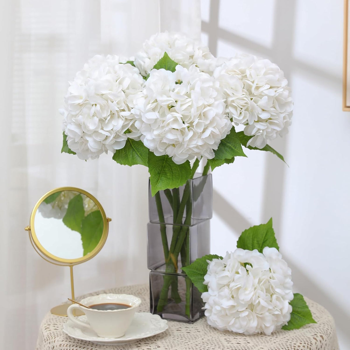 White Hydrangea Artificial Flowers, 22.5In Latex Faux Real Touch Large Hydrangea Flowers with Long Stems & Leaves for Home Office Decor Wedding Party Arrangements(White)