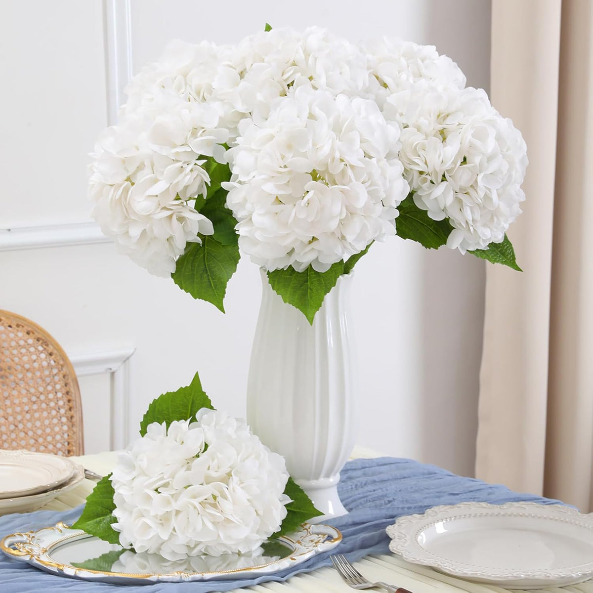 White Hydrangea Artificial Flowers, 22.5In Latex Faux Real Touch Large Hydrangea Flowers with Long Stems & Leaves for Home Office Decor Wedding Party Arrangements(White)