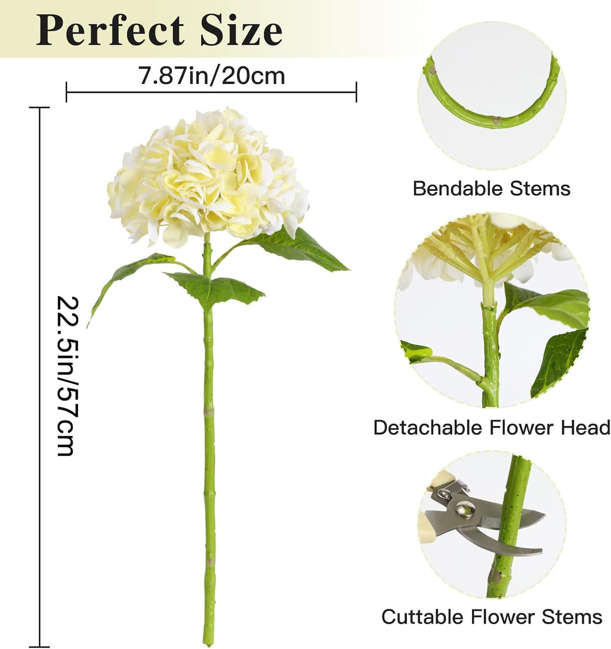 White Hydrangea Artificial Flowers, 22.5In Latex Faux Real Touch Large Hydrangea Flowers with Long Stems & Leaves for Home Office Decor Wedding Party Arrangements(White)