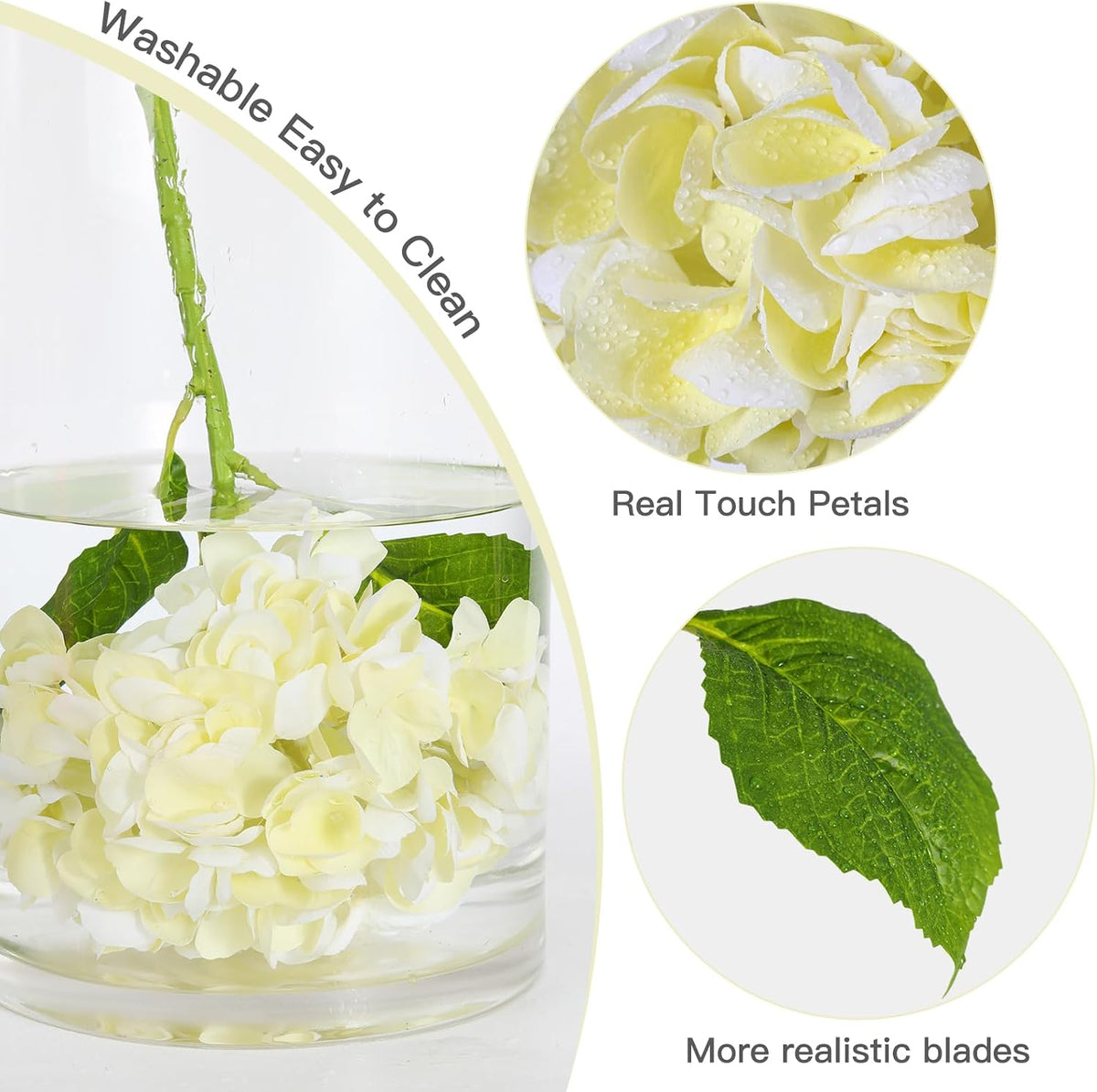 White Hydrangea Artificial Flowers, 22.5In Latex Faux Real Touch Large Hydrangea Flowers with Long Stems & Leaves for Home Office Decor Wedding Party Arrangements(White)