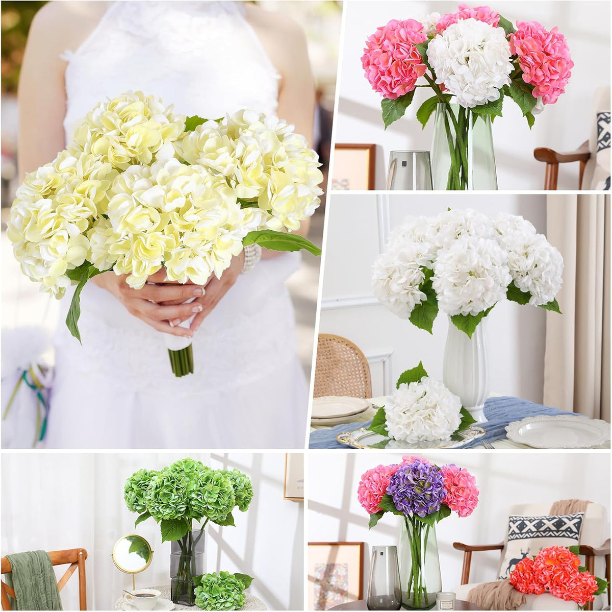 White Hydrangea Artificial Flowers, 22.5In Latex Faux Real Touch Large Hydrangea Flowers with Long Stems & Leaves for Home Office Decor Wedding Party Arrangements(White)