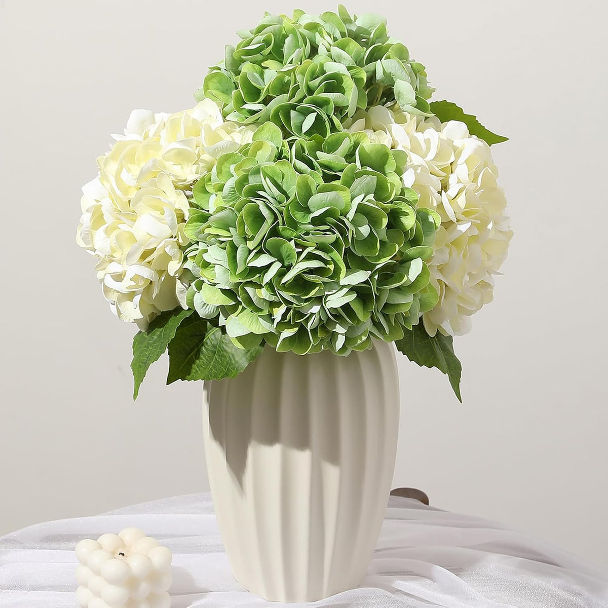 White Hydrangea Artificial Flowers, 22.5In Latex Faux Real Touch Large Hydrangea Flowers with Long Stems & Leaves for Home Office Decor Wedding Party Arrangements(White)