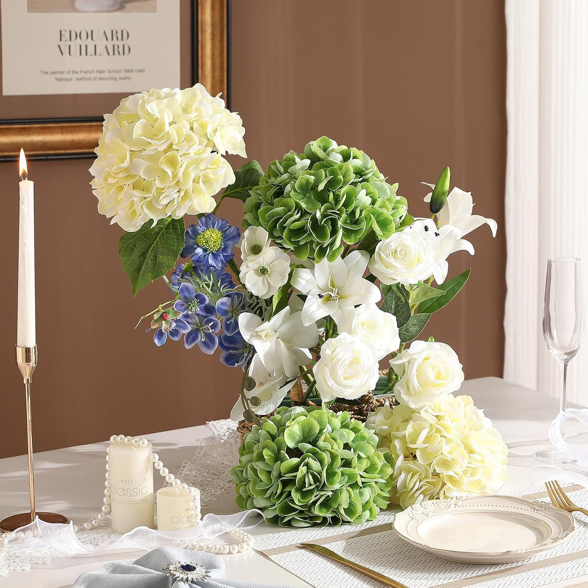 White Hydrangea Artificial Flowers, 22.5In Latex Faux Real Touch Large Hydrangea Flowers with Long Stems & Leaves for Home Office Decor Wedding Party Arrangements(White)
