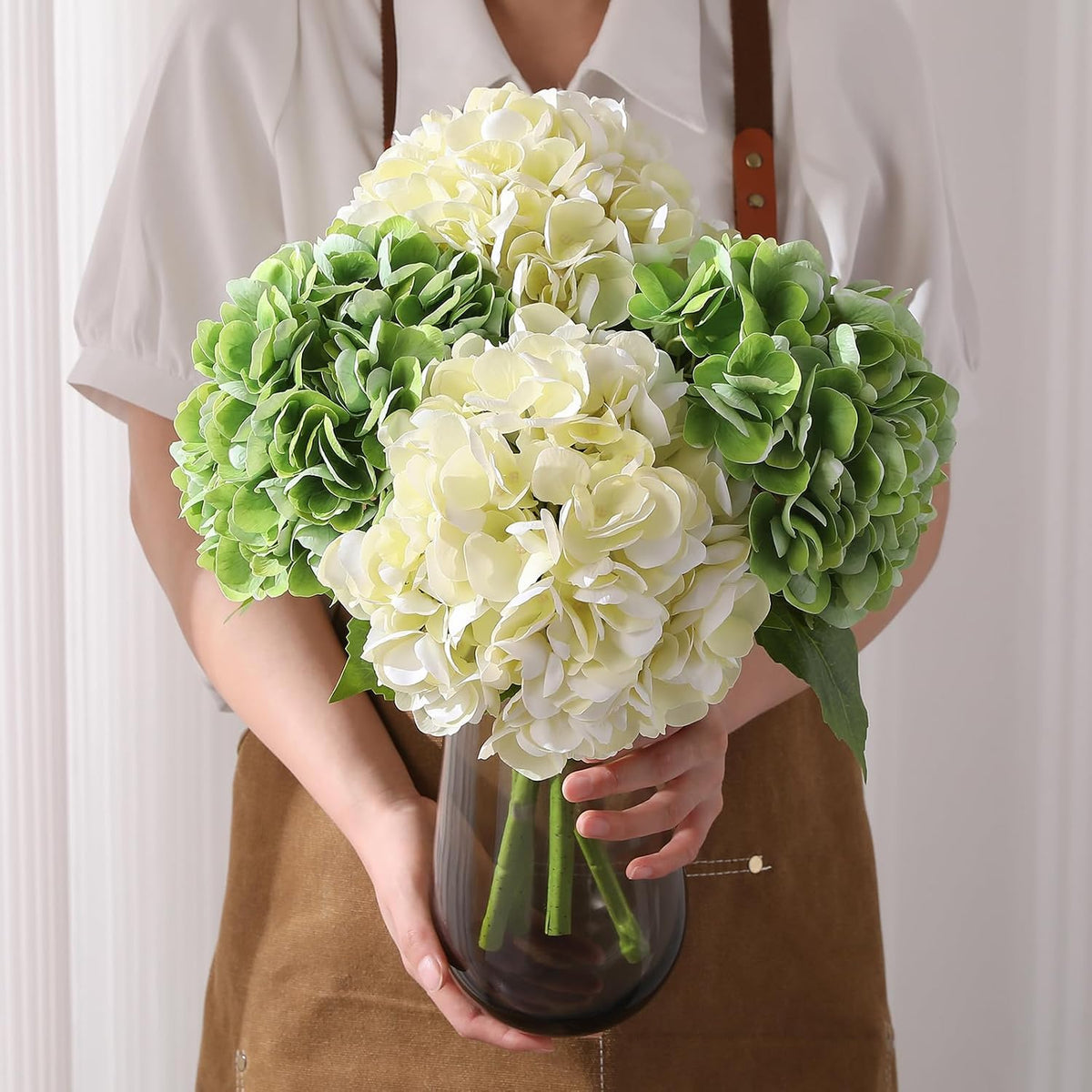 White Hydrangea Artificial Flowers, 22.5In Latex Faux Real Touch Large Hydrangea Flowers with Long Stems & Leaves for Home Office Decor Wedding Party Arrangements(White)