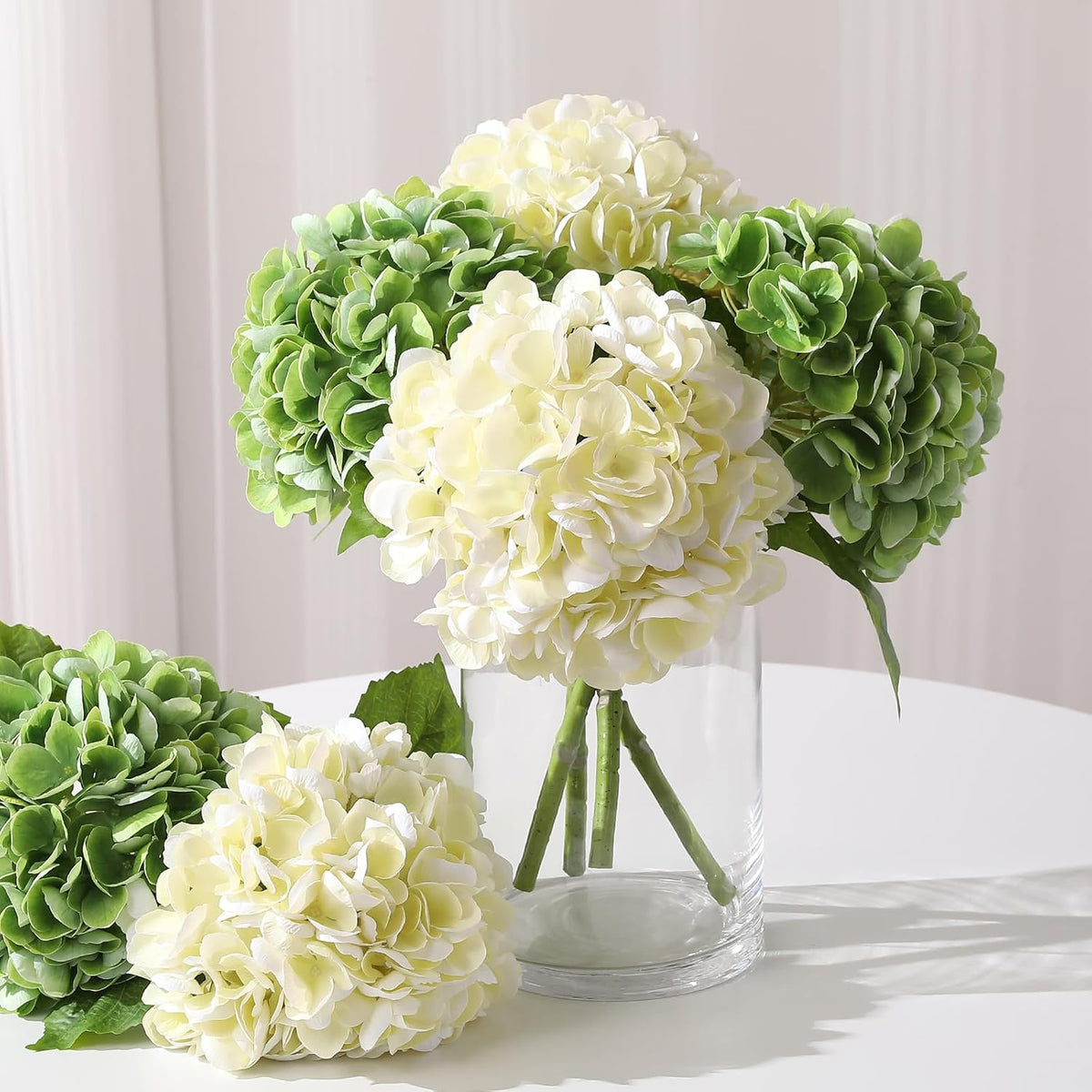 White Hydrangea Artificial Flowers, 22.5In Latex Faux Real Touch Large Hydrangea Flowers with Long Stems & Leaves for Home Office Decor Wedding Party Arrangements(White)