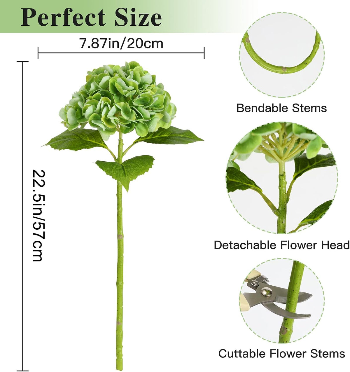 White Hydrangea Artificial Flowers, 22.5In Latex Faux Real Touch Large Hydrangea Flowers with Long Stems & Leaves for Home Office Decor Wedding Party Arrangements(White)