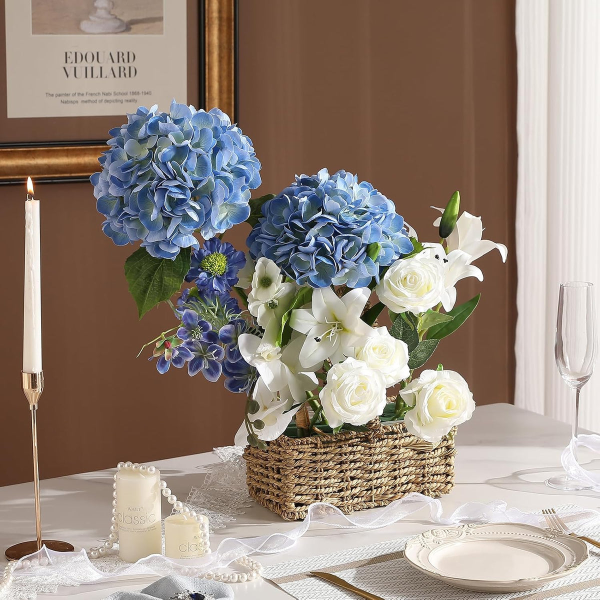 White Hydrangea Artificial Flowers, 22.5In Latex Faux Real Touch Large Hydrangea Flowers with Long Stems & Leaves for Home Office Decor Wedding Party Arrangements(White)
