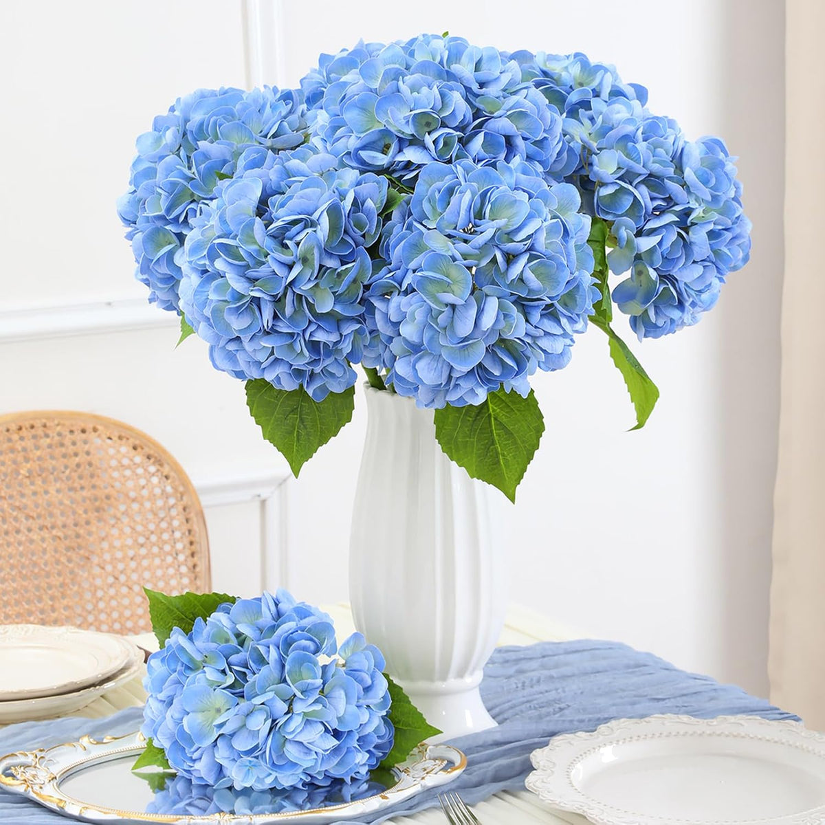 White Hydrangea Artificial Flowers, 22.5In Latex Faux Real Touch Large Hydrangea Flowers with Long Stems & Leaves for Home Office Decor Wedding Party Arrangements(White)