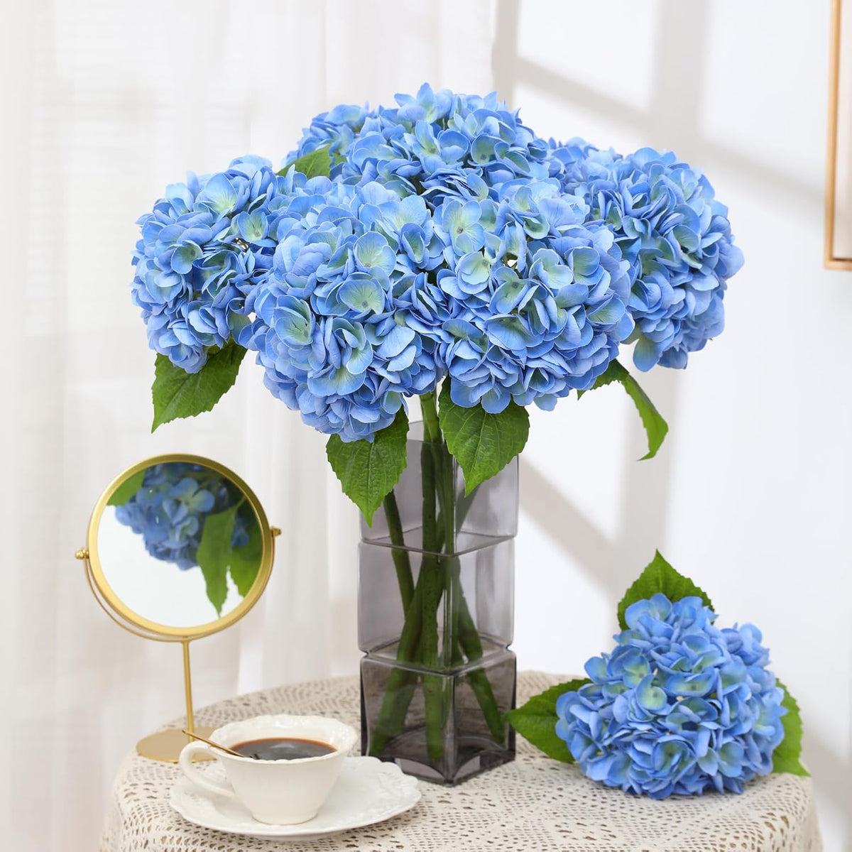 White Hydrangea Artificial Flowers, 22.5In Latex Faux Real Touch Large Hydrangea Flowers with Long Stems & Leaves for Home Office Decor Wedding Party Arrangements(White)
