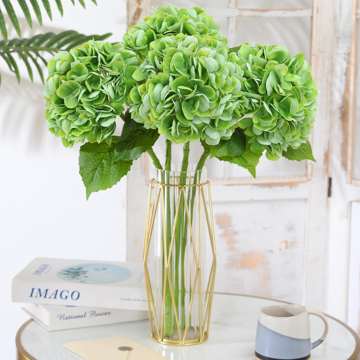 White Hydrangea Artificial Flowers, 22.5In Latex Faux Real Touch Large Hydrangea Flowers with Long Stems & Leaves for Home Office Decor Wedding Party Arrangements(White)