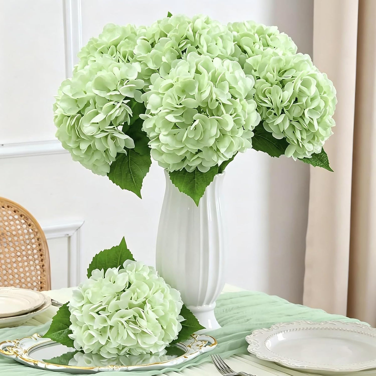 White Hydrangea Artificial Flowers, 22.5In Latex Faux Real Touch Large Hydrangea Flowers with Long Stems & Leaves for Home Office Decor Wedding Party Arrangements(White)