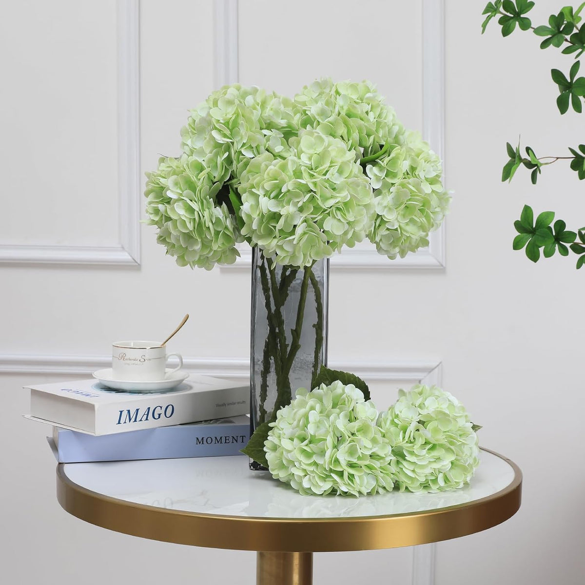 White Hydrangea Artificial Flowers, 22.5In Latex Faux Real Touch Large Hydrangea Flowers with Long Stems & Leaves for Home Office Decor Wedding Party Arrangements(White)