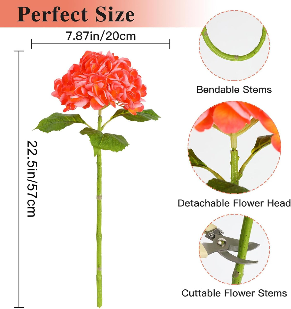 White Hydrangea Artificial Flowers, 22.5In Latex Faux Real Touch Large Hydrangea Flowers with Long Stems & Leaves for Home Office Decor Wedding Party Arrangements(White)