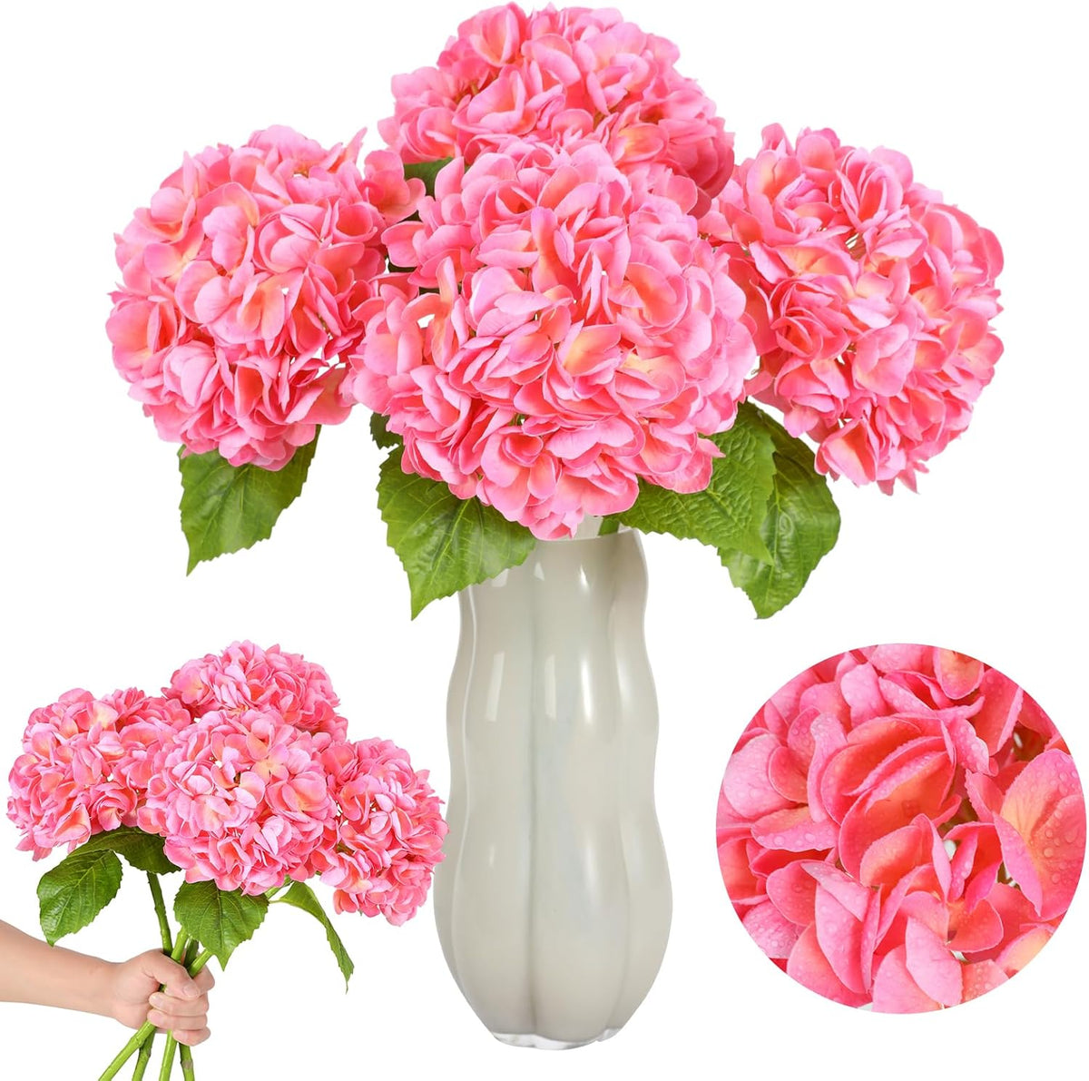 White Hydrangea Artificial Flowers, 22.5In Latex Faux Real Touch Large Hydrangea Flowers with Long Stems & Leaves for Home Office Decor Wedding Party Arrangements(White)