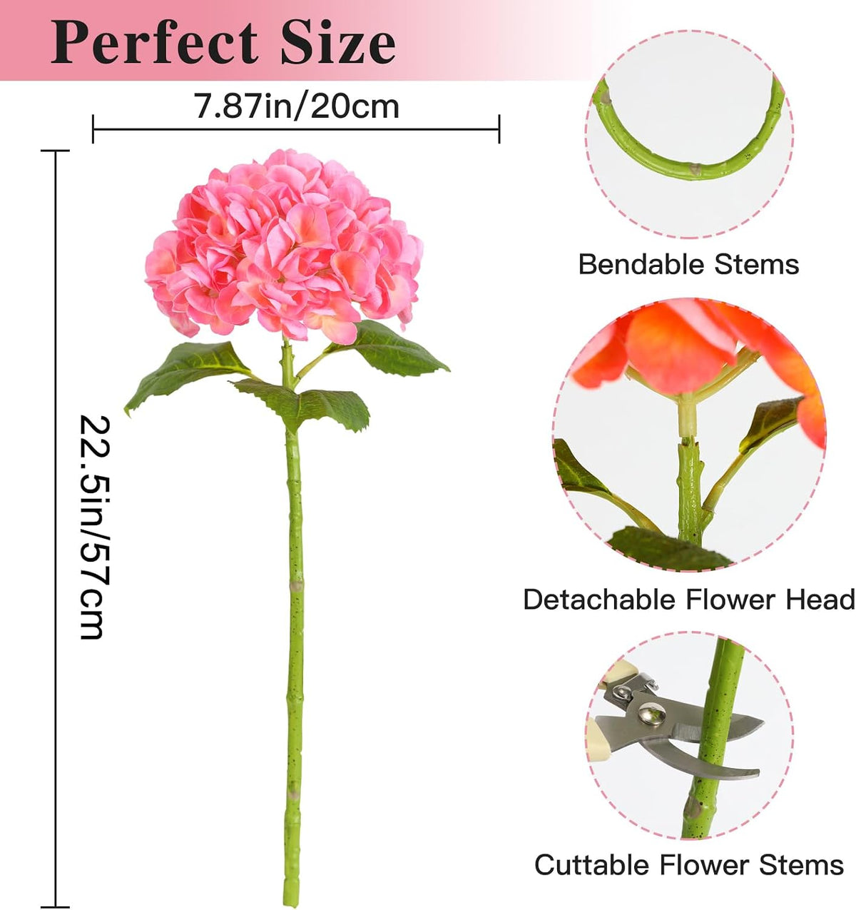 White Hydrangea Artificial Flowers, 22.5In Latex Faux Real Touch Large Hydrangea Flowers with Long Stems & Leaves for Home Office Decor Wedding Party Arrangements(White)