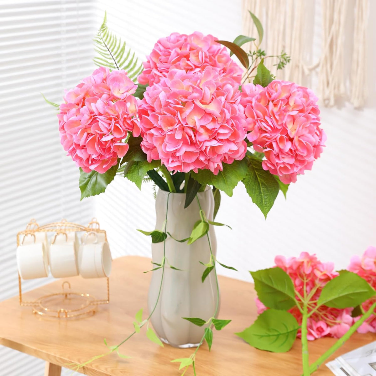 White Hydrangea Artificial Flowers, 22.5In Latex Faux Real Touch Large Hydrangea Flowers with Long Stems & Leaves for Home Office Decor Wedding Party Arrangements(White)