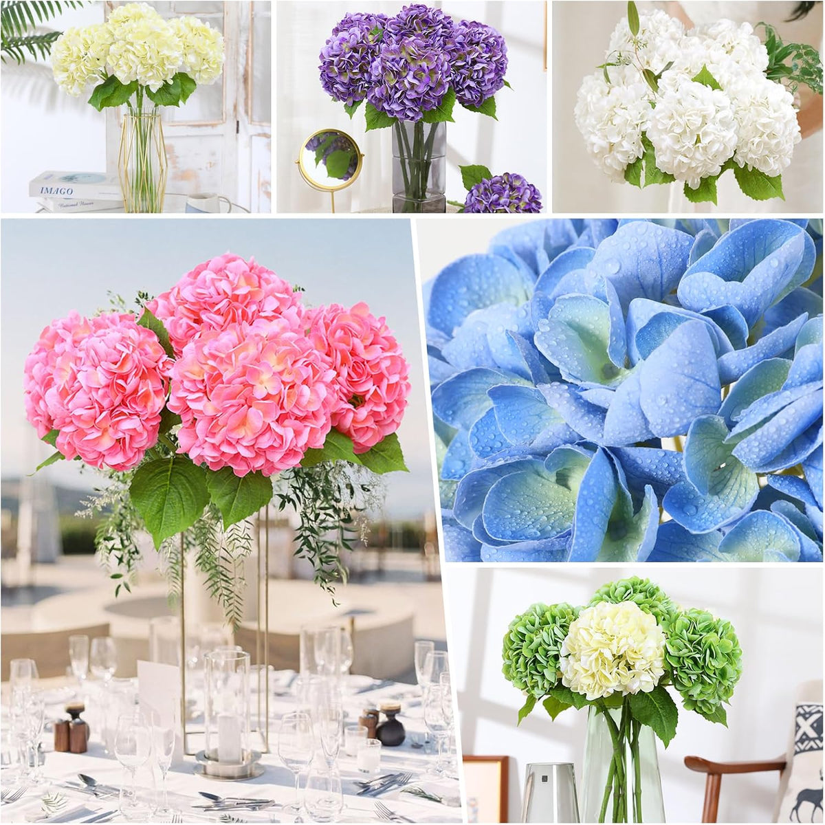 White Hydrangea Artificial Flowers, 22.5In Latex Faux Real Touch Large Hydrangea Flowers with Long Stems & Leaves for Home Office Decor Wedding Party Arrangements(White)