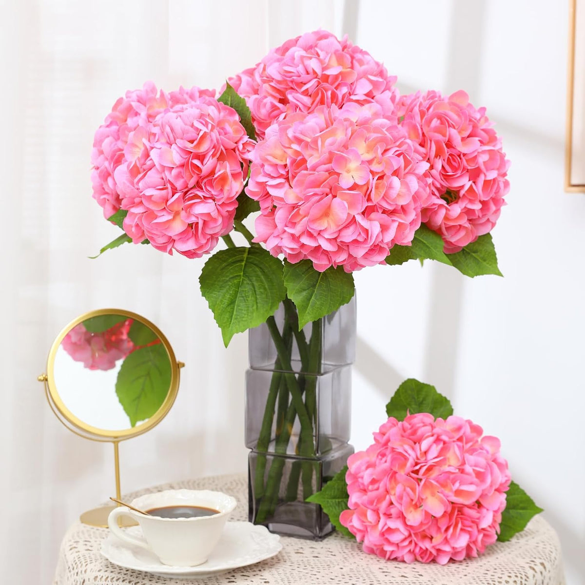 White Hydrangea Artificial Flowers, 22.5In Latex Faux Real Touch Large Hydrangea Flowers with Long Stems & Leaves for Home Office Decor Wedding Party Arrangements(White)