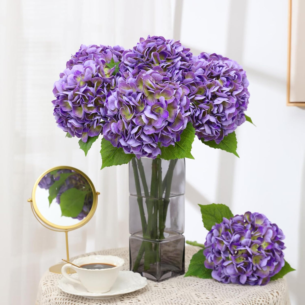 White Hydrangea Artificial Flowers, 22.5In Latex Faux Real Touch Large Hydrangea Flowers with Long Stems & Leaves for Home Office Decor Wedding Party Arrangements(White)