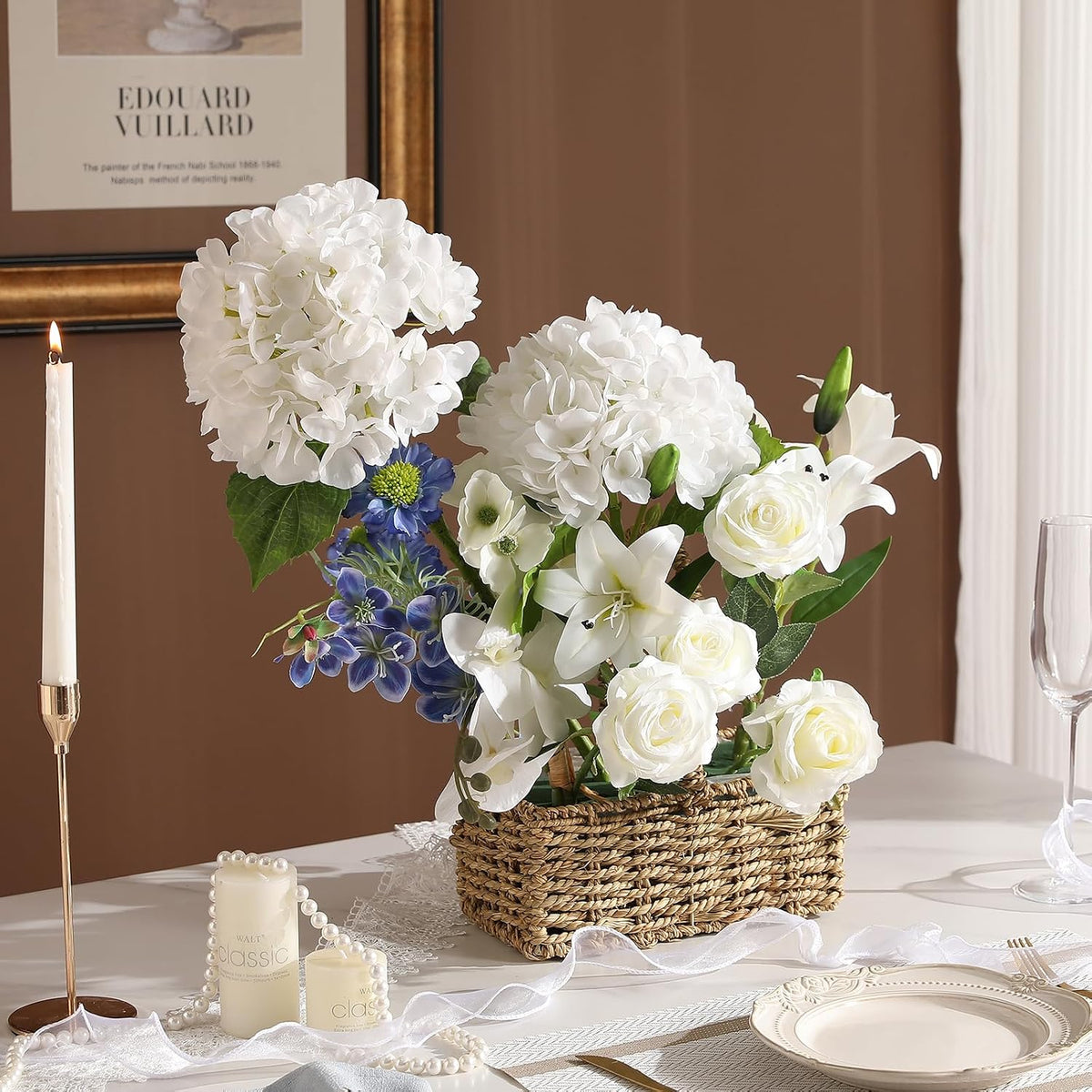 White Hydrangea Artificial Flowers, 22.5In Latex Faux Real Touch Large Hydrangea Flowers with Long Stems & Leaves for Home Office Decor Wedding Party Arrangements(White)