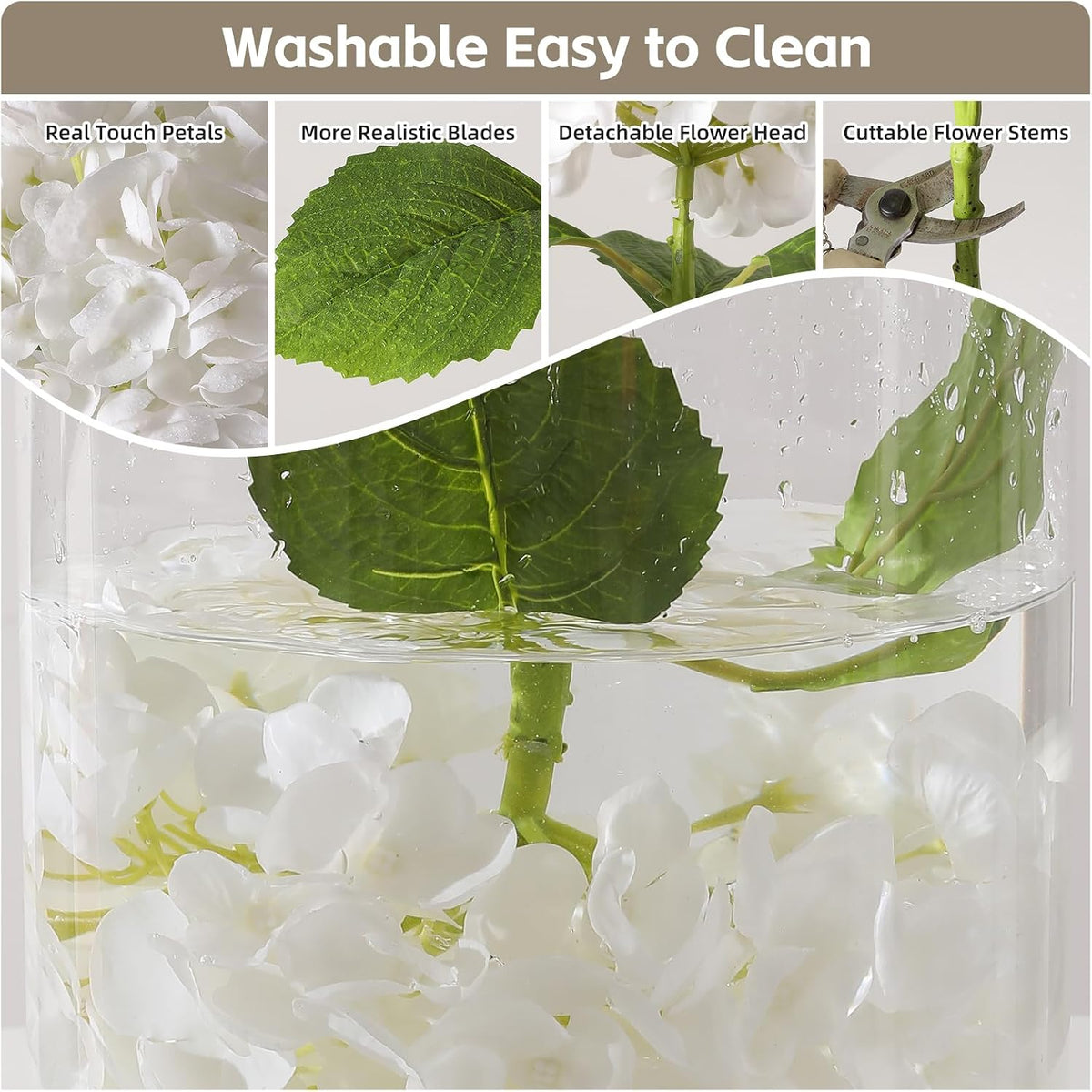 White Hydrangea Artificial Flowers, 22.5In Latex Faux Real Touch Large Hydrangea Flowers with Long Stems & Leaves for Home Office Decor Wedding Party Arrangements(White)