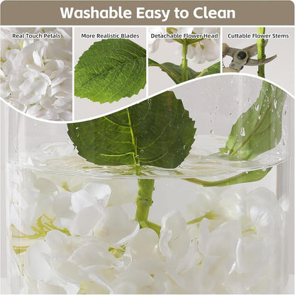 White Hydrangea Artificial Flowers, 22.5In Latex Faux Real Touch Large Hydrangea Flowers with Long Stems & Leaves for Home Office Decor Wedding Party Arrangements(White)