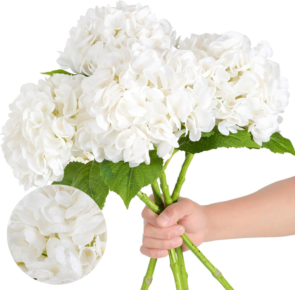White Hydrangea Artificial Flowers, 22.5In Latex Faux Real Touch Large Hydrangea Flowers with Long Stems & Leaves for Home Office Decor Wedding Party Arrangements(White)