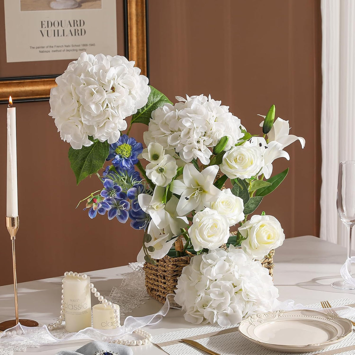 White Hydrangea Artificial Flowers, 22.5In Latex Faux Real Touch Large Hydrangea Flowers with Long Stems & Leaves for Home Office Decor Wedding Party Arrangements(White)