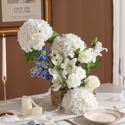 White Hydrangea Artificial Flowers, 22.5In Latex Faux Real Touch Large Hydrangea Flowers with Long Stems & Leaves for Home Office Decor Wedding Party Arrangements(White)