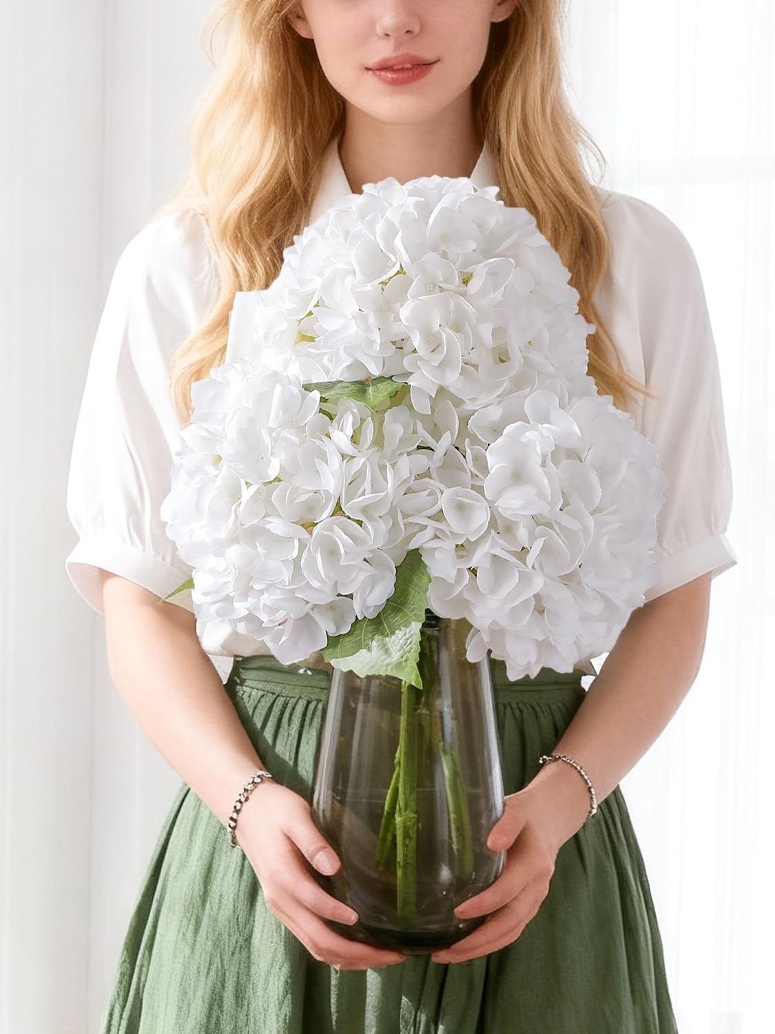 White Hydrangea Artificial Flowers, 22.5In Latex Faux Real Touch Large Hydrangea Flowers with Long Stems & Leaves for Home Office Decor Wedding Party Arrangements(White)