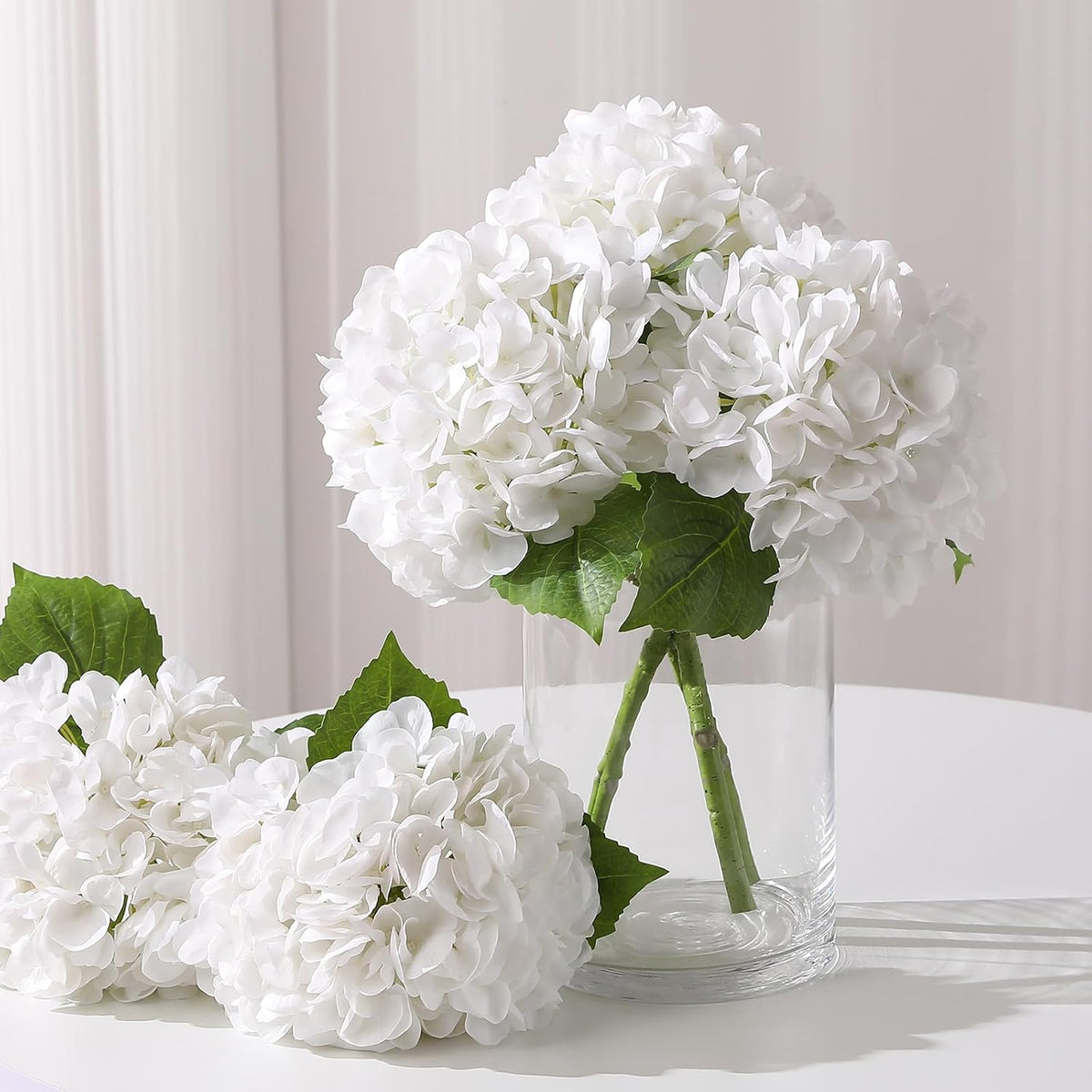White Hydrangea Artificial Flowers, 22.5In Latex Faux Real Touch Large Hydrangea Flowers with Long Stems & Leaves for Home Office Decor Wedding Party Arrangements(White)