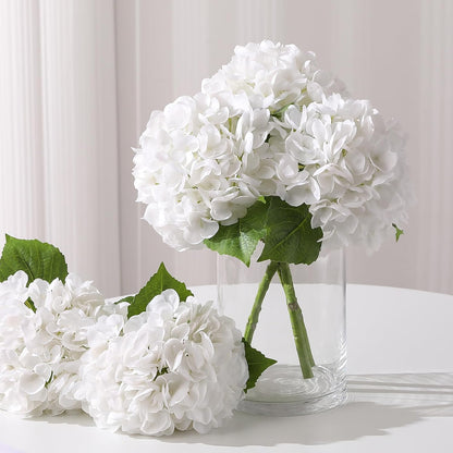White Hydrangea Artificial Flowers, 22.5In Latex Faux Real Touch Large Hydrangea Flowers with Long Stems & Leaves for Home Office Decor Wedding Party Arrangements(White)