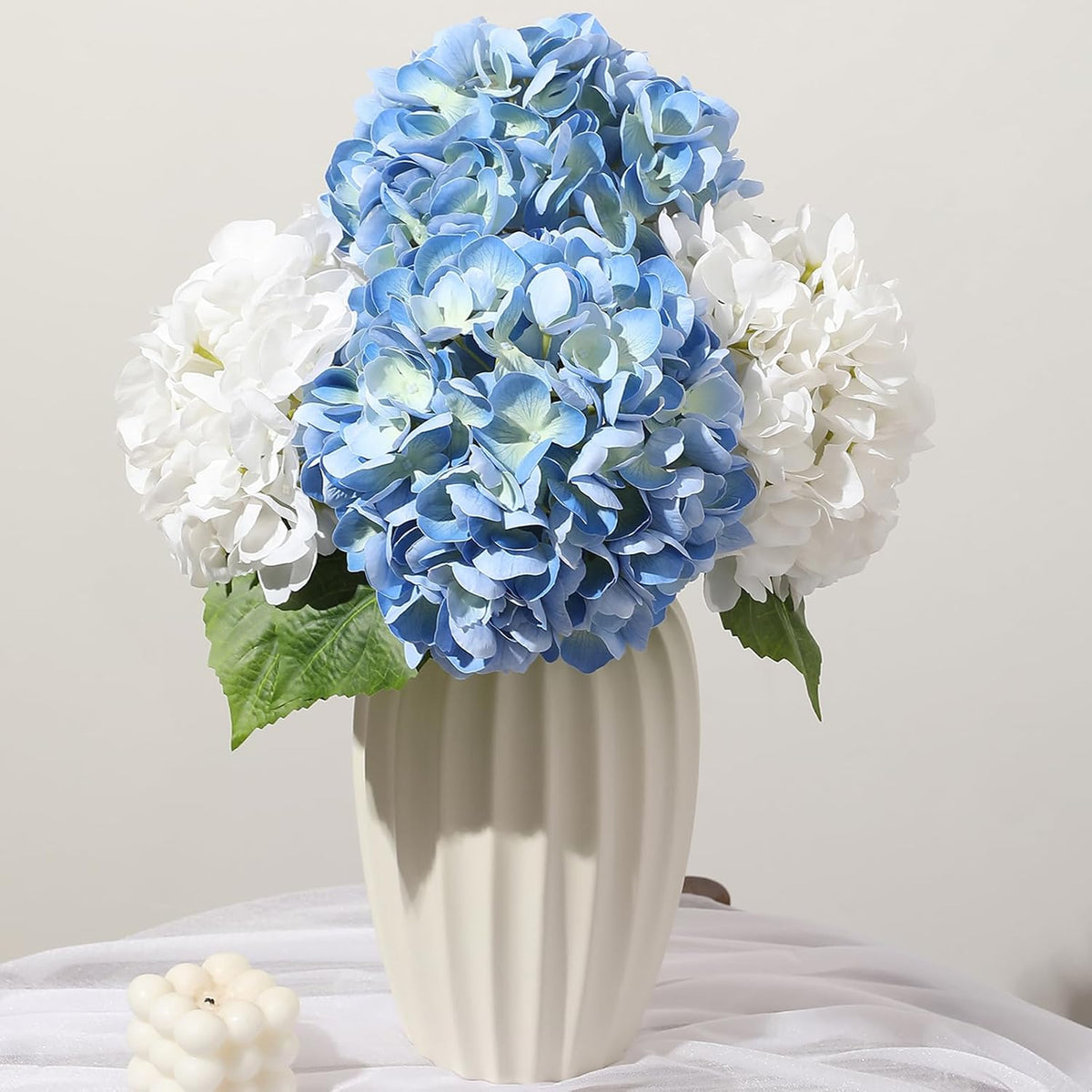 White Hydrangea Artificial Flowers, 22.5In Latex Faux Real Touch Large Hydrangea Flowers with Long Stems & Leaves for Home Office Decor Wedding Party Arrangements(White)
