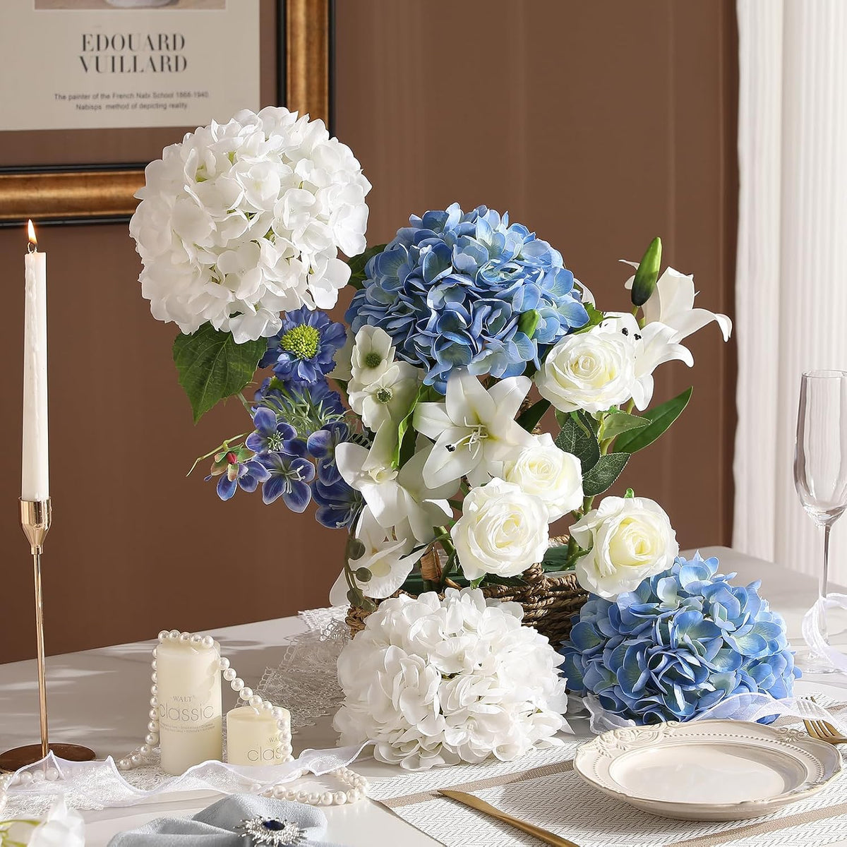 White Hydrangea Artificial Flowers, 22.5In Latex Faux Real Touch Large Hydrangea Flowers with Long Stems & Leaves for Home Office Decor Wedding Party Arrangements(White)
