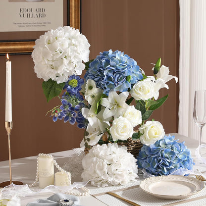 White Hydrangea Artificial Flowers, 22.5In Latex Faux Real Touch Large Hydrangea Flowers with Long Stems & Leaves for Home Office Decor Wedding Party Arrangements(White)