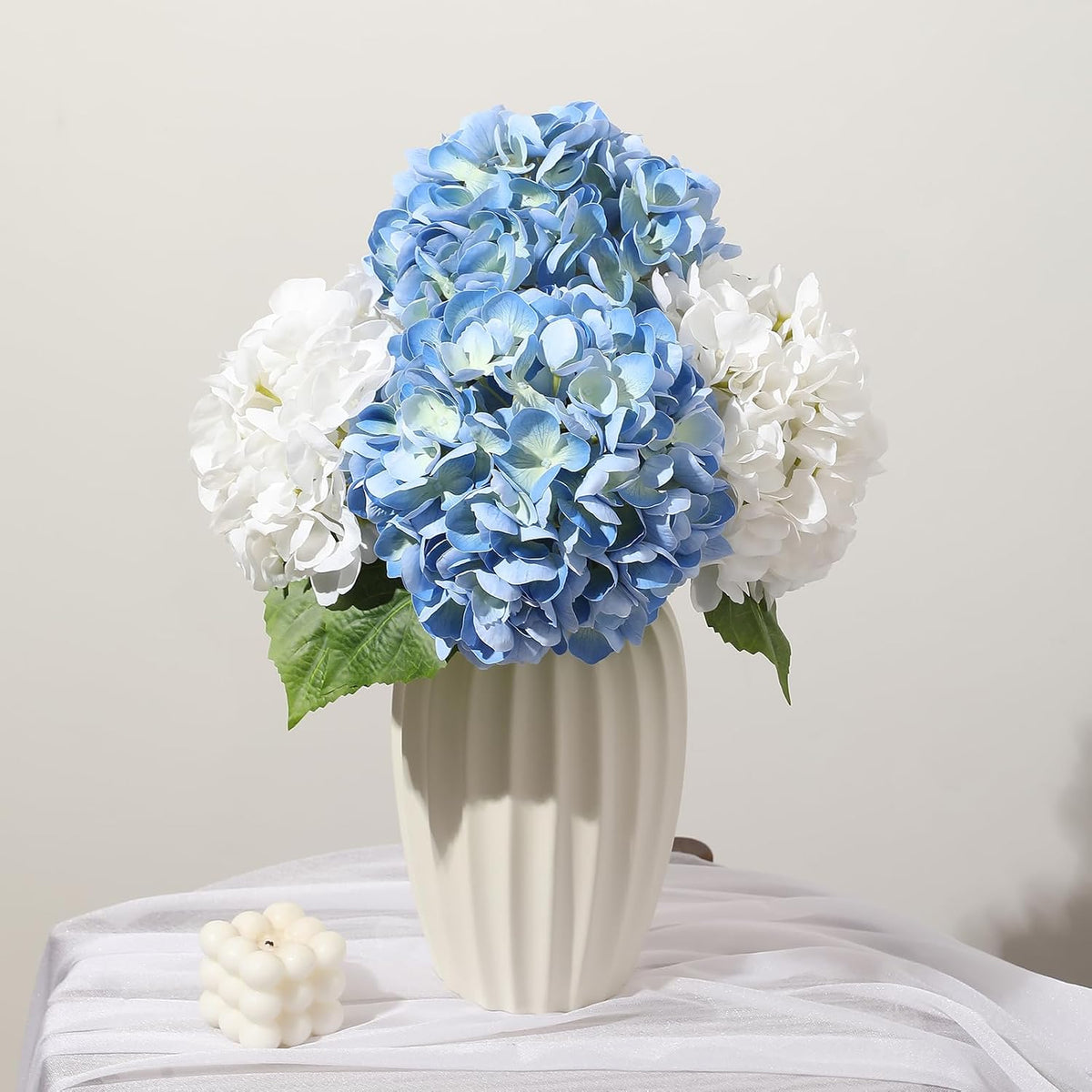 White Hydrangea Artificial Flowers, 22.5In Latex Faux Real Touch Large Hydrangea Flowers with Long Stems & Leaves for Home Office Decor Wedding Party Arrangements(White)