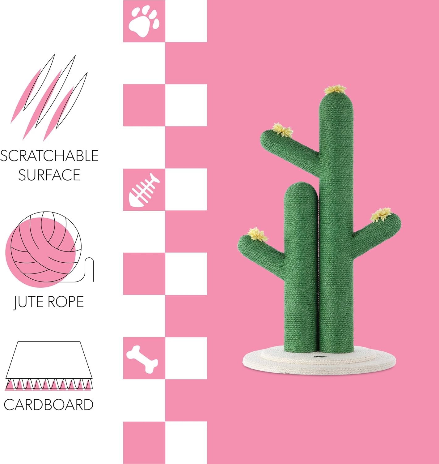 CTR1005A Socorro 34.25" Modern Jute Double-Cactus Cat Scratching Post with Flower Toys, Green/White