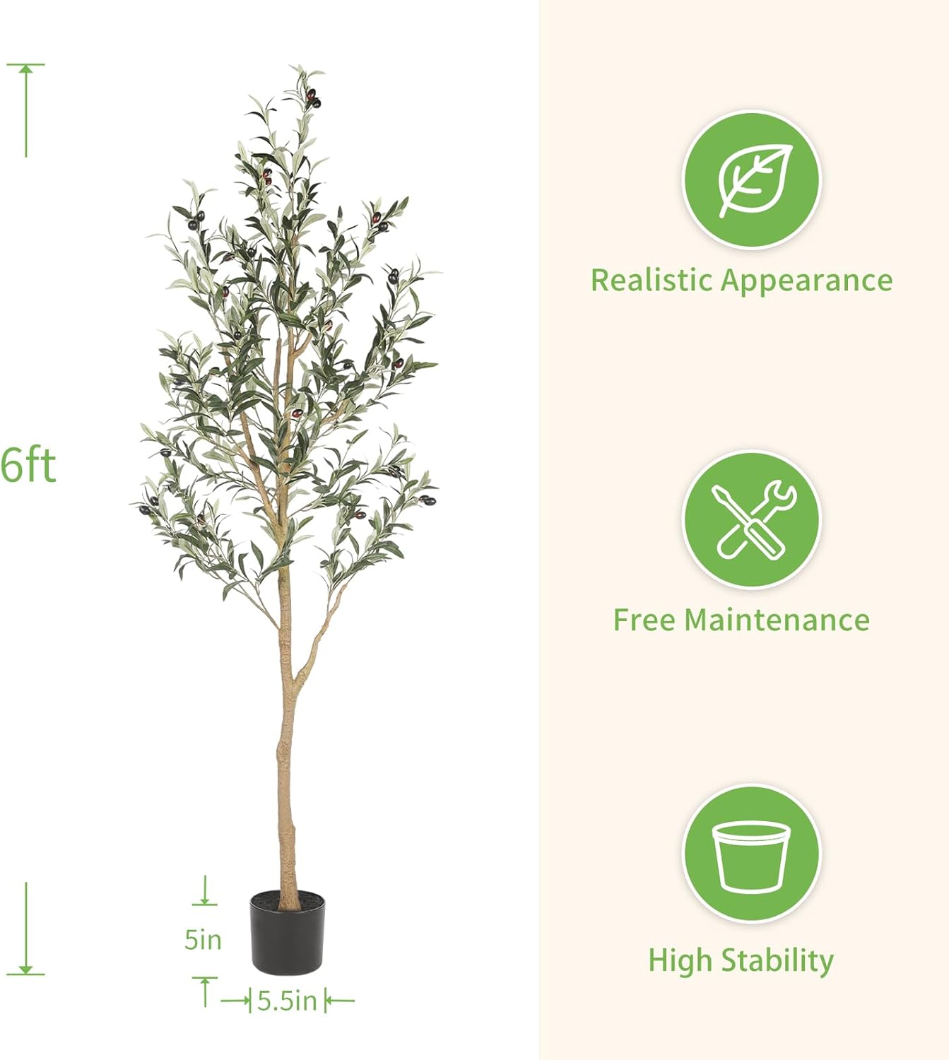 6ft Olive Trees Artificial Indoor with Realistic Appearance | Tall Faux Olive Tree with Natural Trunk, Lifelike Leaves, Sturdy Base - Fake Olive Trees for Modern Home Office Decor