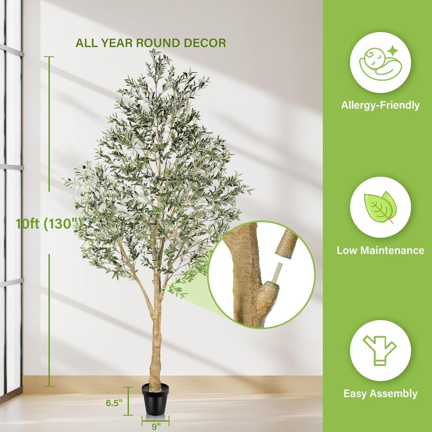 6ft Olive Trees Artificial Indoor with Realistic Appearance | Tall Faux Olive Tree with Natural Trunk, Lifelike Leaves, Sturdy Base - Fake Olive Trees for Modern Home Office Decor