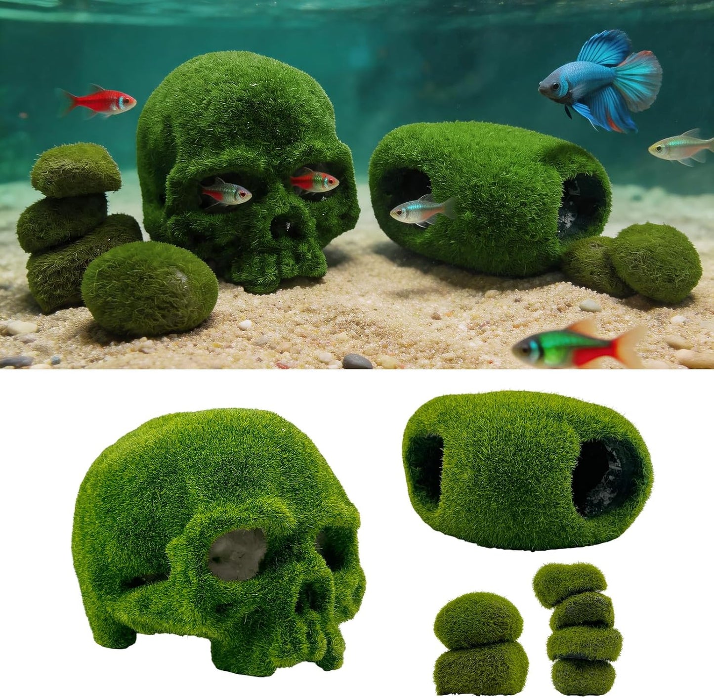 8pcs Aquarium Decor, 4.5" Realistic Moss Skull Hideout & Mossy Rock Reptile Cave with 6pcs Algae Balls,Resin Fish Tank Decorations Shrimp Cave Aquarium Betta Fish Hiedout Reptile Habitat