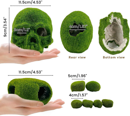8pcs Aquarium Decor, 4.5" Realistic Moss Skull Hideout & Mossy Rock Reptile Cave with 6pcs Algae Balls,Resin Fish Tank Decorations Shrimp Cave Aquarium Betta Fish Hiedout Reptile Habitat