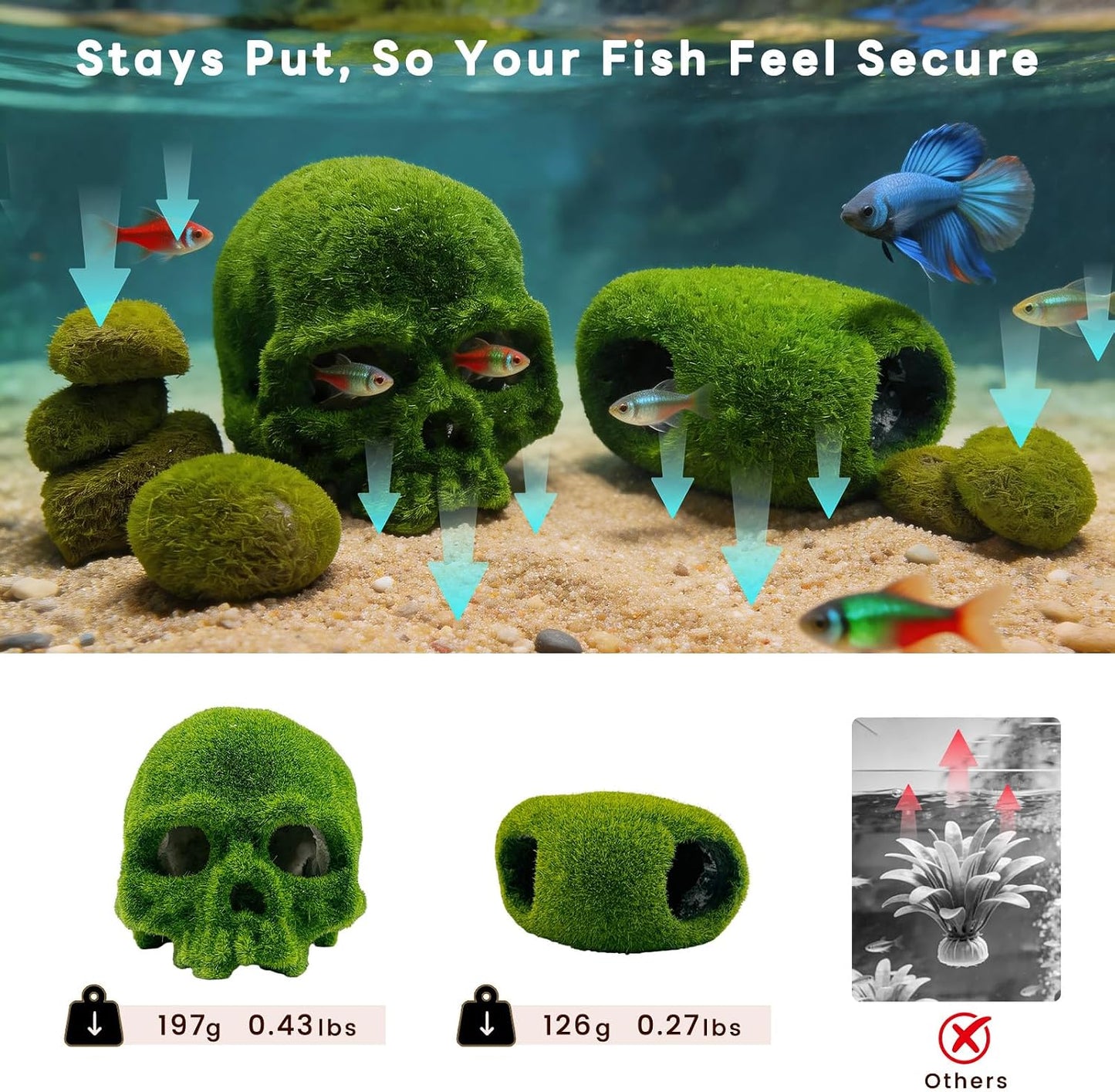 8pcs Aquarium Decor, 4.5" Realistic Moss Skull Hideout & Mossy Rock Reptile Cave with 6pcs Algae Balls,Resin Fish Tank Decorations Shrimp Cave Aquarium Betta Fish Hiedout Reptile Habitat