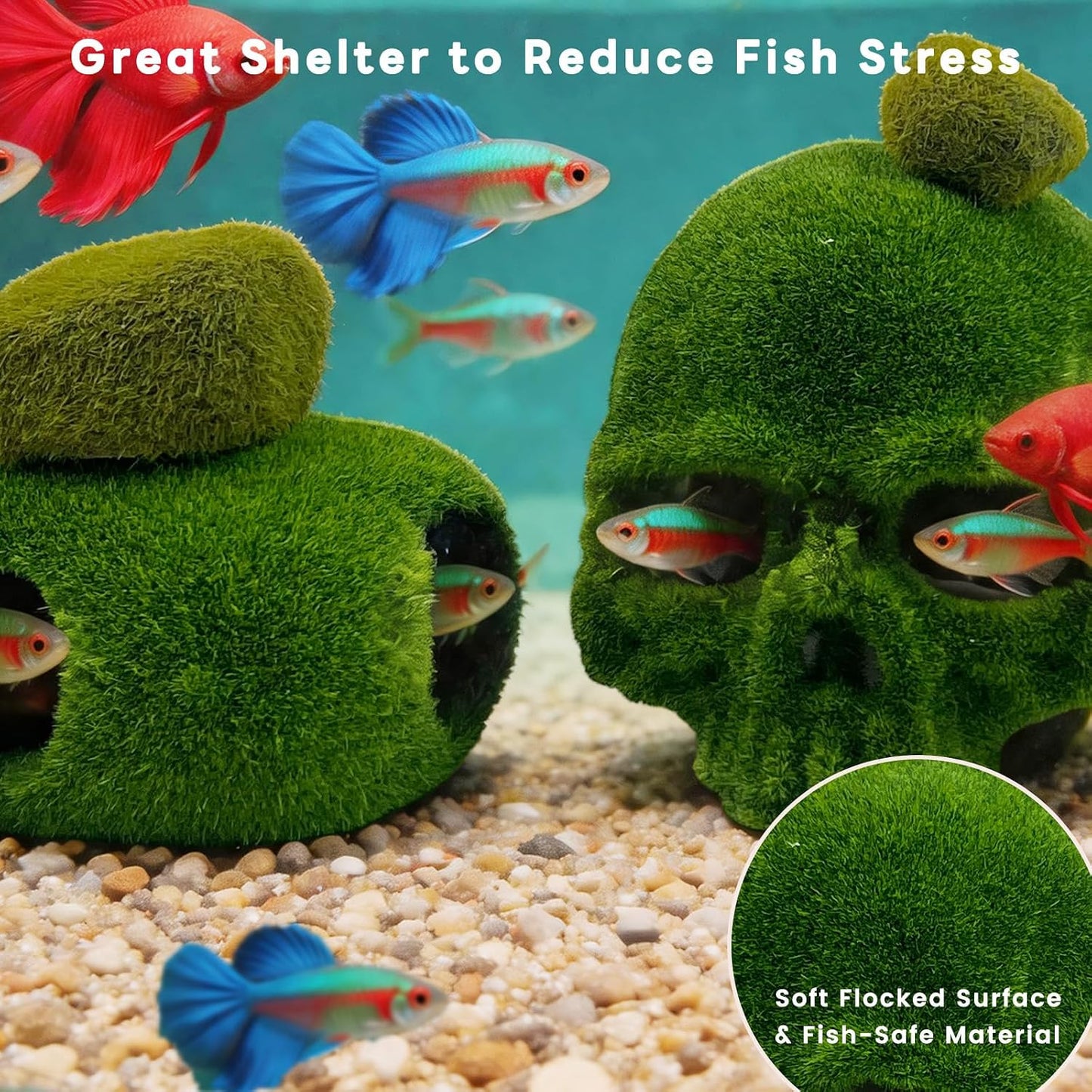 8pcs Aquarium Decor, 4.5" Realistic Moss Skull Hideout & Mossy Rock Reptile Cave with 6pcs Algae Balls,Resin Fish Tank Decorations Shrimp Cave Aquarium Betta Fish Hiedout Reptile Habitat