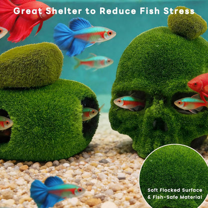 8pcs Aquarium Decor, 4.5" Realistic Moss Skull Hideout & Mossy Rock Reptile Cave with 6pcs Algae Balls,Resin Fish Tank Decorations Shrimp Cave Aquarium Betta Fish Hiedout Reptile Habitat