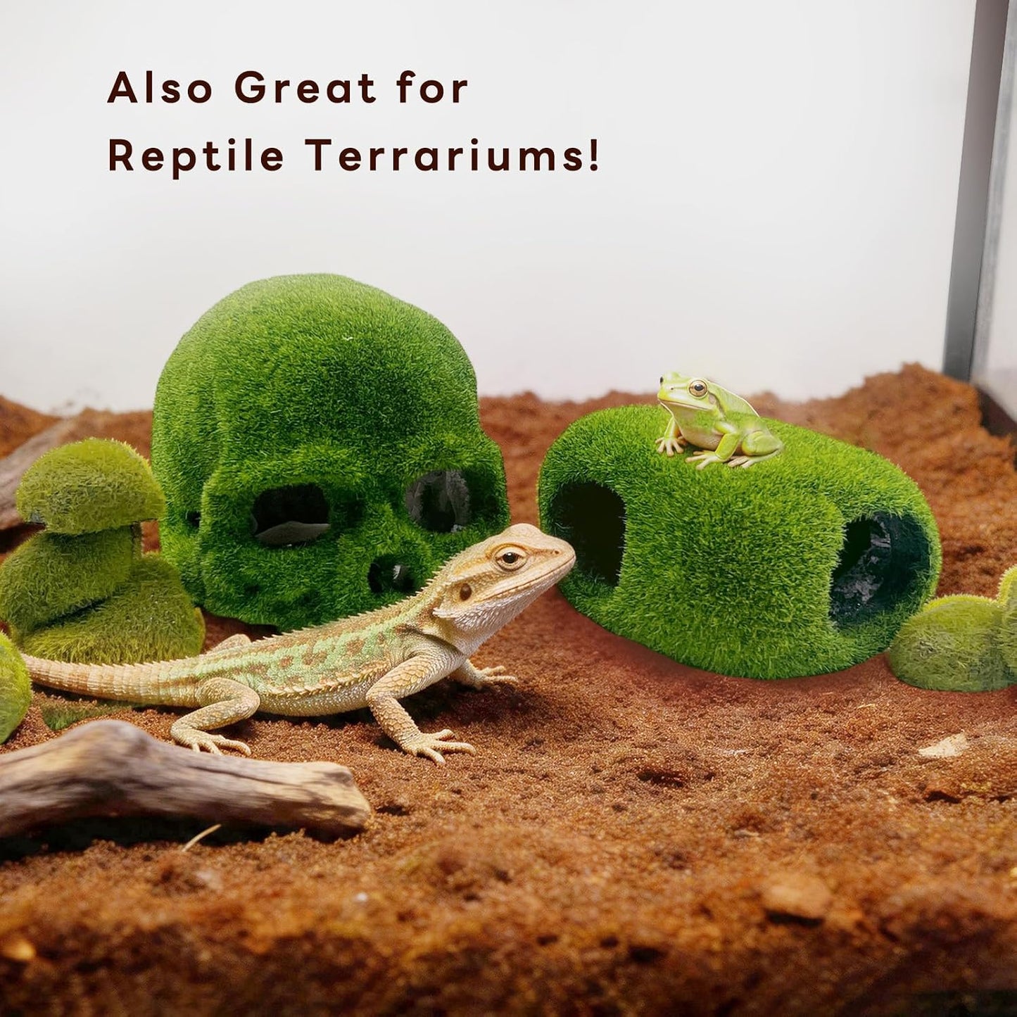8pcs Aquarium Decor, 4.5" Realistic Moss Skull Hideout & Mossy Rock Reptile Cave with 6pcs Algae Balls,Resin Fish Tank Decorations Shrimp Cave Aquarium Betta Fish Hiedout Reptile Habitat