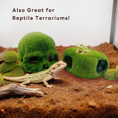 8pcs Aquarium Decor, 4.5" Realistic Moss Skull Hideout & Mossy Rock Reptile Cave with 6pcs Algae Balls,Resin Fish Tank Decorations Shrimp Cave Aquarium Betta Fish Hiedout Reptile Habitat