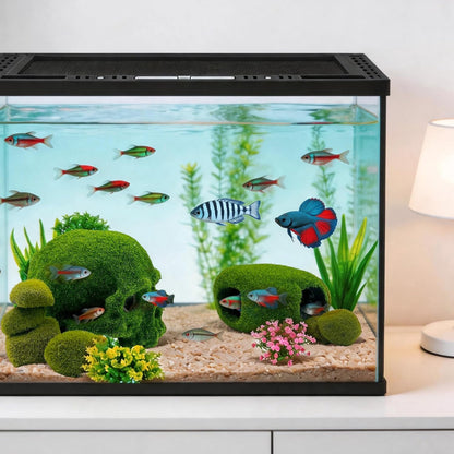 8pcs Aquarium Decor, 4.5" Realistic Moss Skull Hideout & Mossy Rock Reptile Cave with 6pcs Algae Balls,Resin Fish Tank Decorations Shrimp Cave Aquarium Betta Fish Hiedout Reptile Habitat