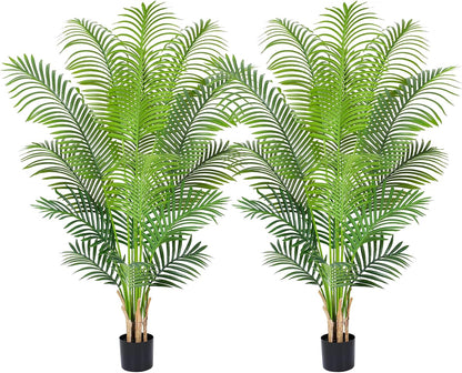 5ft Artificial Palm Tree Indoor Plant Tall Fake Tropical Paradise Palm Tree in Pot with Real Bark Design Faux Areca Palm Tree for Home Office Living Room Bedroom Farmhouse Modern Decor 2pcs